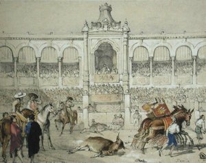 Corrida de toros en Sevilla: Retirando el toro muerto del ruedo, de 