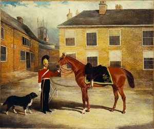 Un oficial de los Dragones, Carabineros con su montura en el patio del cuartel, 1839 de John Frederick Herring Senior