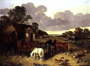 Caballos, cerdos, aves de corral, patos y ganado en un corral