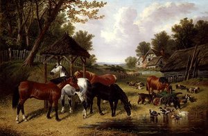 Caballos junto a un estanque en una granja de John Frederick Herring Senior
