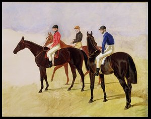 Estudio de Tres Caballos de Steeplechase: Allen McDonough en Brunette, Tom Oliver en Discount y Jem Mason en Lottery, o Tres Caballos de Carrera con Jinetes