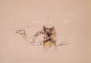Un árabe bisharin por su camello (lápiz y acuarela)