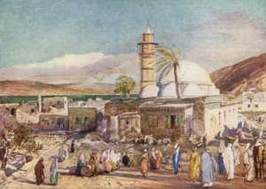La mezquita en Tiberíades y el Lago de Galilea