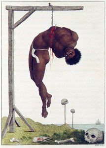 Una persona negra colgada viva por las costillas en una horca, pub. 1796