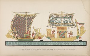 Barcos con velas de colores, de la Tumba de Ramsés III en Tebas, ilustración de Manners and Customs of the ancient Egyptians..., 1837-41