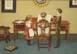 Niños ensayando al piano (litografía en color) de John George (after) Sowerby