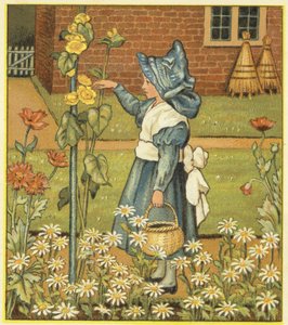 Niña en el jardín con malvarrosa, amapolas y margaritas (litografía en color) de John George (after) Sowerby