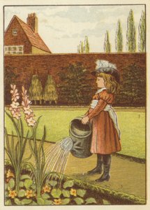 Niña regando el jardín (litografía en color) de John George (after) Sowerby