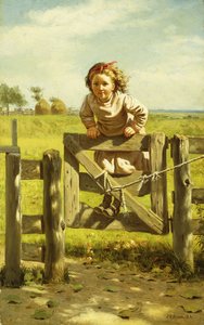 Joven niña columpiándose en una puerta de John George Brown