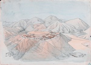 Jugdullack Post mirando al norte desde el piquete alto 9 de agosto de 1880 (pluma y tinta y acuarela) de John George Day