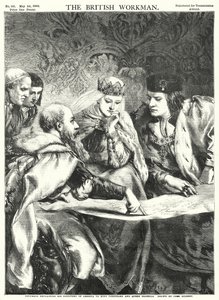 Colón explicando su Descubrimiento de América al Rey Fernando y la Reina Isabel de John Gilbert