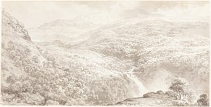 Un valle montañoso con una cascada