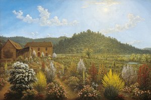 Vista de la casa y jardín del artista, en Mills Plains, Tierra de Van Diemen