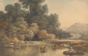 Paisaje montañoso con río y ganado de John Glover