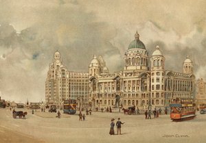 Liverpool: Oficinas de Mersey Docks and Harbour Board, The Liver Building, etc., aproximación al embarcadero (litografia en color) de John Glynn