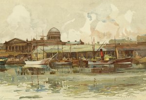 Liverpool: parte de Salthouse Dock, con Custom House (litografia en color) de John Glynn