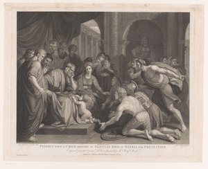 Pirro llevado ante el rey Glaucias cuando era niño para su protección. Pyrrhus cuando un niño trajo a Glaucias King of Illyria para protección (título sobre objeto) Pinturas principales de Inglaterra (título de la serie) Las pinturas más capitales de Ingla de John Hall