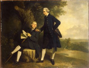 Doble Retrato de Thomas Somers Cocks y Richard Cocks de Castleditch, Ambos de Cuerpo Entero, el Primero con un Abrigo y Chaleco Azul Sosteniendo un Tricornio Negro, el Segundo Sentado con un Abrigo y Chaleco Azul Sosteniendo un Manuscrito, en un Paisaje de John Hamilton Mortimer