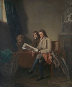 Retrato de un hombre y un niño mirando grabados de John Hamilton Mortimer