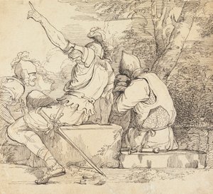 Tres soldados con armadura sentados sobre bloques de piedra de John Hamilton Mortimer