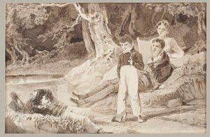 Cuatro figuras entre los árboles en un día caluroso, 1807