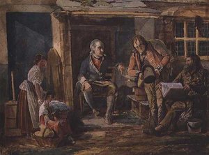 Grupo incluyendo un soldado fuera de la puerta de una cabaña de John Harden
