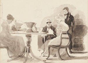 Hombre de pie en una mesa con tres mujeres sentadas de John Harden