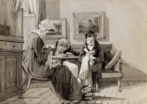 Interior Social en Brathay Hall, representando a Jessy Harden, Rev. Owen Lloyd y H. Almack, c.1827 de John Harden