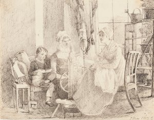 Mujeres en la rueca y un niño con un barco de juguete, 1807 de John Harden