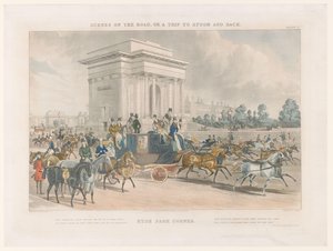 Vista de una calle y Wellington Arch en Hyde Park Corner Hye Park Corner (título sobre el objeto) Paisajes urbanos alrededor de Epsom (título de la serie) Escenas en el camino o un viaje a Epsom y de regreso (título de la serie) de John Harris