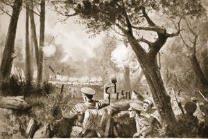 El cabo de lanza Barker asistiendo a un grupo, reunido por él, para abrir una trinchera de comunicación bajo intenso fuego de artillería y ametralladoras de John Harris Valda