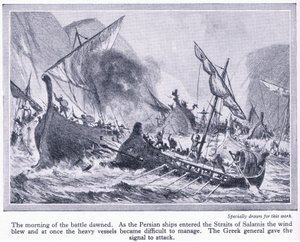 Batalla de Salamina: Cuando los barcos persas entraron en los estrechos de Salamina, el viento sopló y se volvieron difíciles de manejar, c.1950