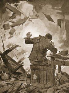 El bombardero francés terminando su mensaje después de que una bomba atravesara la habitación en la que estaba telefoneando