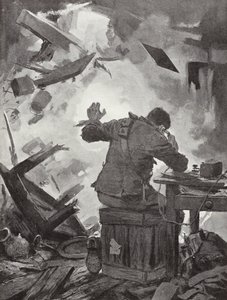 Bombardero W H French terminando su mensaje después de que una bomba atravesara la habitación en la que estaba telefoneando, Helpegarde, Primera Guerra Mundial