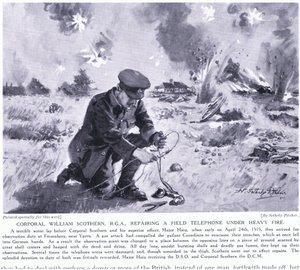 El cabo William Scothern RGA reparando un teléfono de campo bajo fuego intenso fue galardonado con la DCM en Ypres, mayo 1915