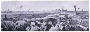 Ataque de gas en las trincheras de los 2º Fusileros de Lancashire en el que el soldado Lyn perdió la vida pero ganó la VC. Ypres abril 1915 de John Harris Valda
