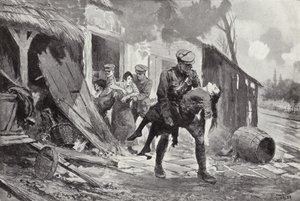 El artillero J Rafferty llevando a una mujer herida a un lugar seguro desde una granja que estaba siendo bombardeada, Primera Guerra Mundial