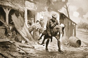 Artillero Rafferty llevando a una mujer herida a un lugar seguro desde una granja que estaba siendo bombardeada