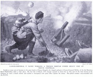 Cabo P McNee trabajando un mortero de trinchera bajo fuego intenso en Neuve Chapelle de John Harris Valda