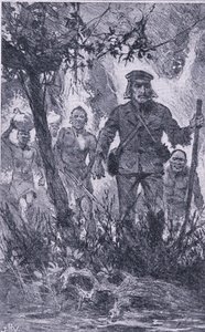 Livingstone disparó al león, pero el león lo atacó, mordiendo su hombro y rompiendo su brazo izquierdo, Conocimiento Pictórico de Newnes publicado por Newnes, c.1950 de John Harris Valda