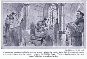 Los monasterios tenían espléndidas salas de escritura, donde los monjes mantenían manuscritos iluminados, c.1950 de John Harris Valda