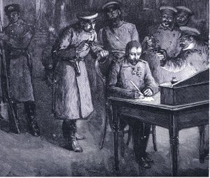 El príncipe Alejandro firmando su abdicación 1886, ilustración de Historia de las Naciones de Hutchinson VOL 4 c.1920s de John Harris Valda