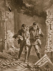 El soldado A.E. Walker asistiendo a un camarada herido desde una iglesia en llamas que se usaba como hospital de John Harris Valda