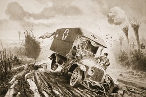 El soldado Adams asistiendo a los heridos en una ambulancia motorizada que había caído en un agujero de obús mientras estaba bajo fuego de John Harris Valda