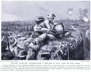 Soldado Hamilton construyendo un refugio a plena vista de los turcos en las trincheras de Lone Pine en la península de Gallipoli, agosto de 1915