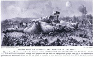 El soldado Hamilton informando sobre la aproximación de los turcos, Península de Gallipoli, agosto de 1915