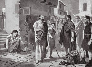 Colonos romanos comerciando con los nativos dacios (litografía)