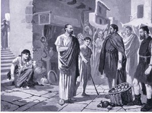 Colonizadores romanos comerciando con nativos dacios, ilustración de Historia de las Naciones de Hutchinson VOL 4 c.1920s de John Harris Valda