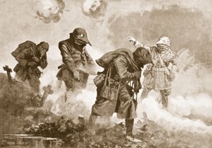 El teniente segundo (capitán temporal) E.M. Allfrey dirigiendo el suministro de municiones, raciones y agua a las tropas en acción durante un ataque con gas de John Harris Valda