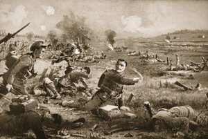 El sargento B.C. Shea animando a los hombres de su regimiento después de ser gravemente herido en Rouges Bancs